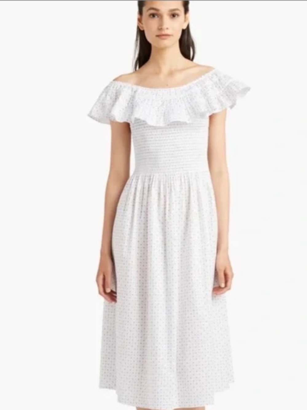 Hill House White Off-Shoulder Smocked Midi Dress with Ruffle